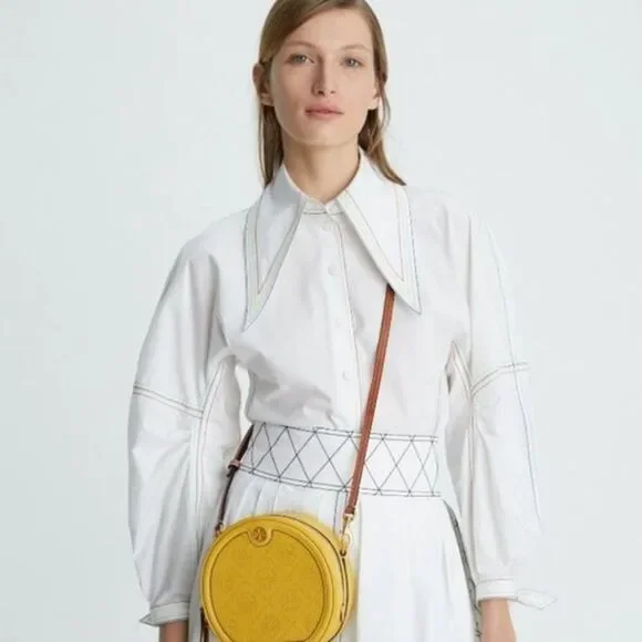 Tory Burch T Monogram Perforated Leather Circle Moon Bag, Golden Sunset, VGUC - Picture 3 of 12